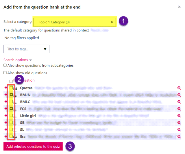 Moodle screenshot  showing the 'Add a question from the question bank; screen.